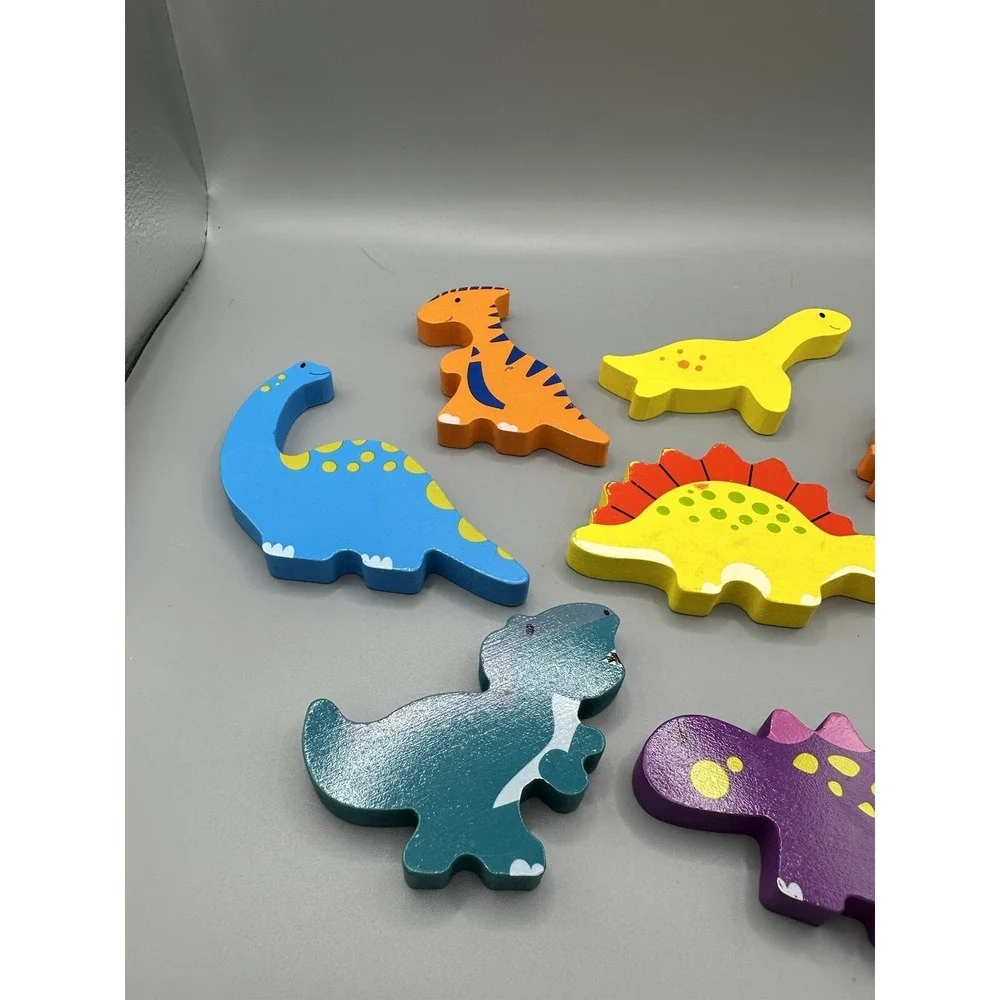 Wooden Arts Raised Chunky Dinosaurs Preschool 8 Pieces Wood TRAY Puzzle Colorful